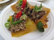 Sisig in wonton cups from Bale Dutung - not for the faint-hearted, this is topped with bits from a pig's head